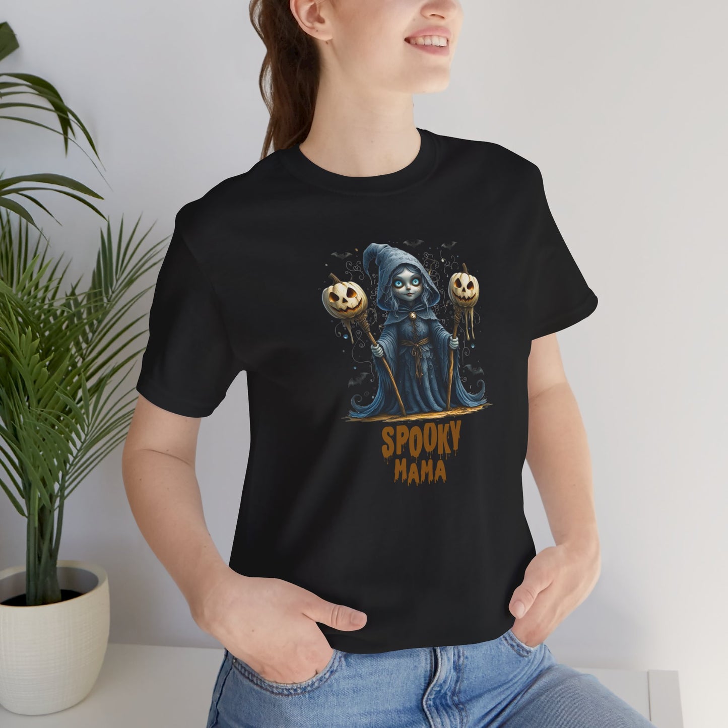 Spooky Mama Halloween Shirt – Gothic Witch Pumpkin Graphic Tee – Bella Canvas 3001 – Cute Halloween T-Shirt for Women