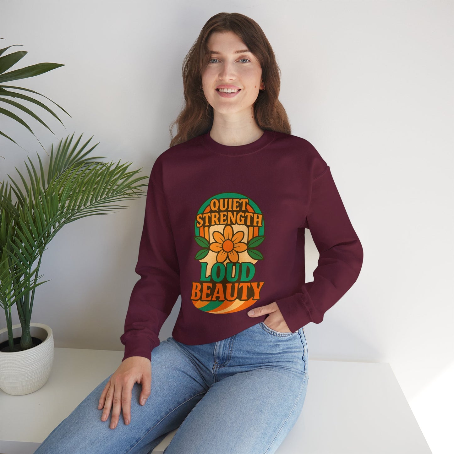 Retro Flower Sweatshirt, 70s Vintage Boho Crewneck, Positive Affirmation Graphic Pullover, Women Men Shirt, Gildan 18000, Quiet Strength