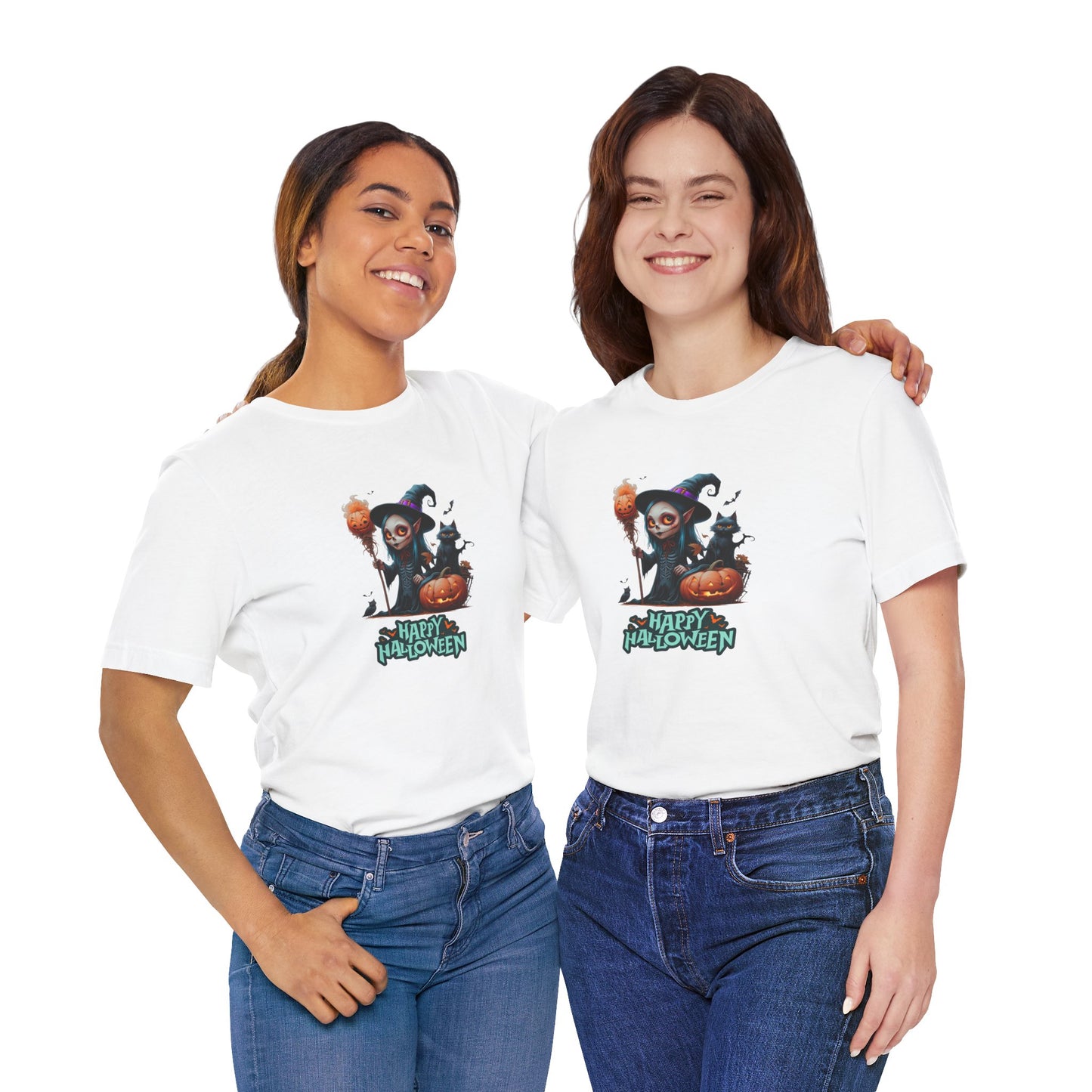 Happy Halloween Witch Shirt – Spooky Pumpkin Cat Graphic Tee – Bella Canvas 3001 – Unisex Halloween T-Shirt for Women Men