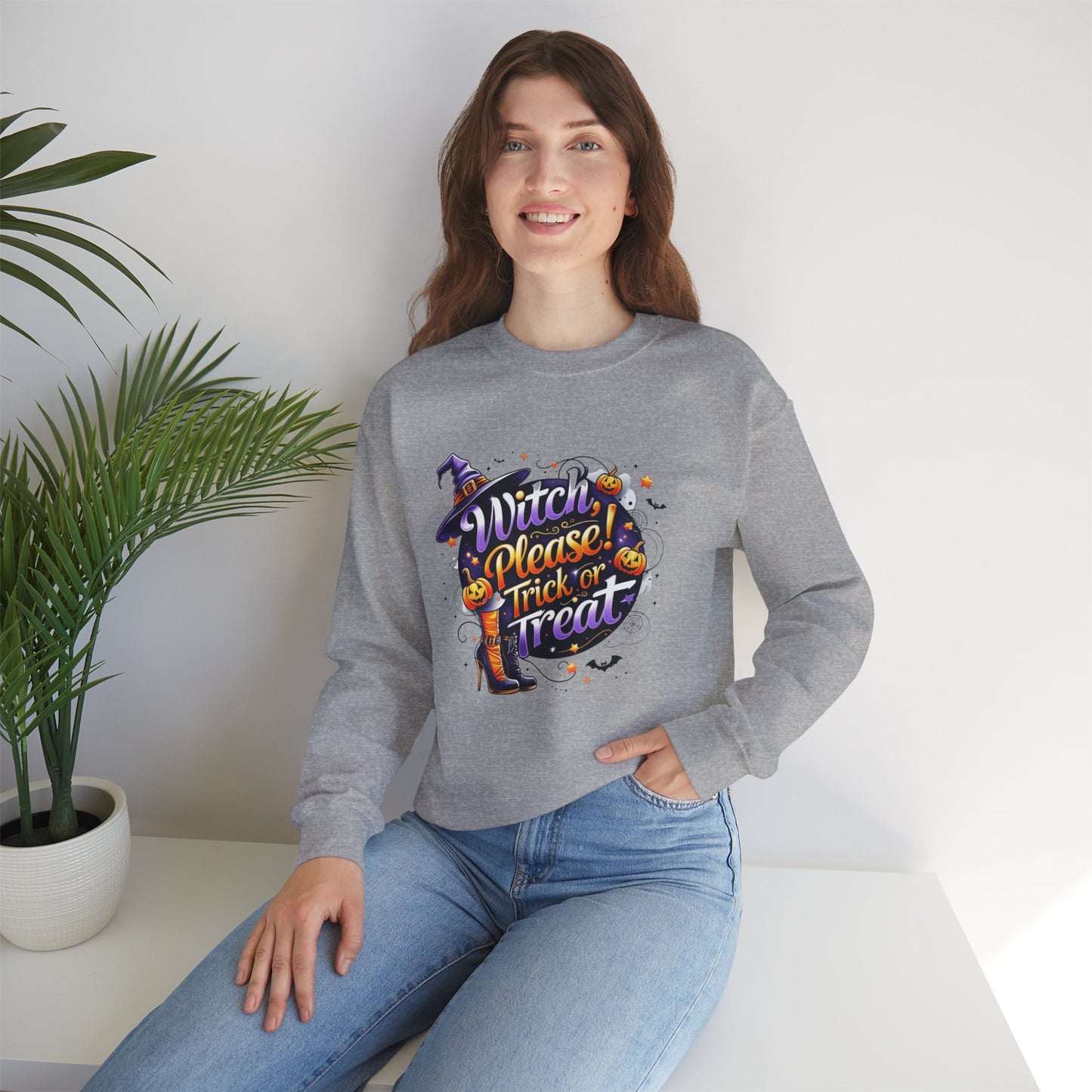 Halloween Sweatshirt – "Witch Please, Trick or Treat" – Funny Witch Hat & Pumpkins Graphic – Cozy Unisex Crewneck Pullover