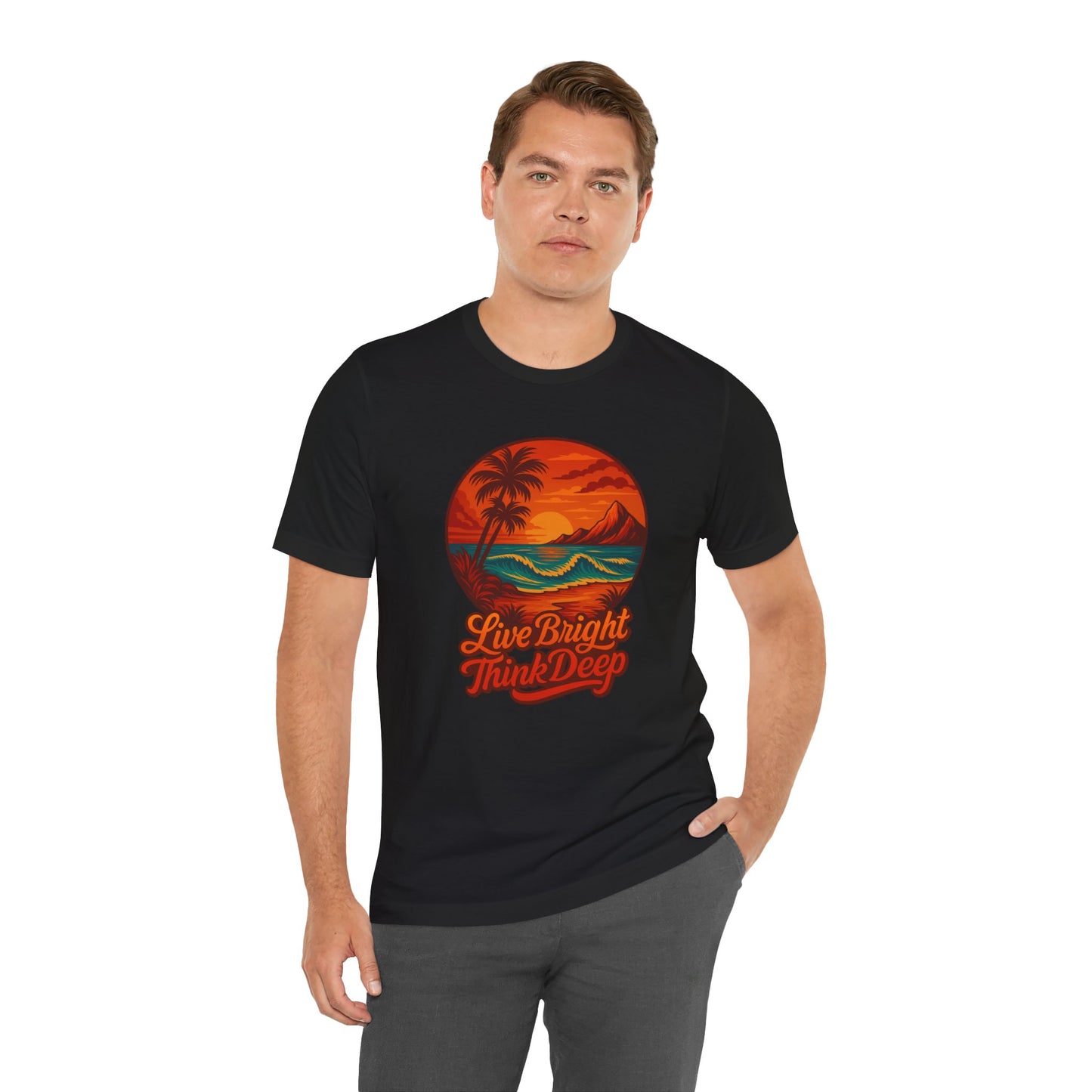 Retro Sunset Ocean Wave Graphic Tee - Live Bright Think Deep T-Shirt, Palm Tree Beach Shirt, Inspirational Typography, Unisex Bella Canvas