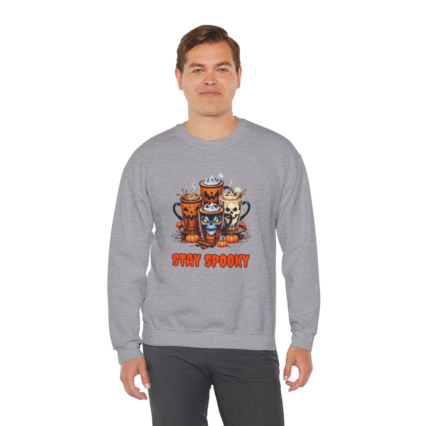 "Stay Spooky Halloween Coffee Cup Sweatshirt – Cozy Gildan Crewneck for Fall & Pumpkin Lovers"