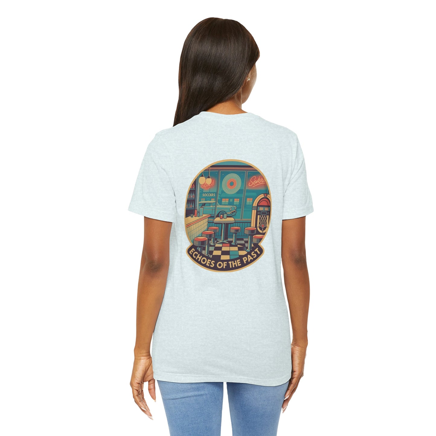 Echoes of the Past Retro Diner T-Shirt – Bella Canvas 3001 Unisex Vintage 80s Jukebox Neon Graphic Tee