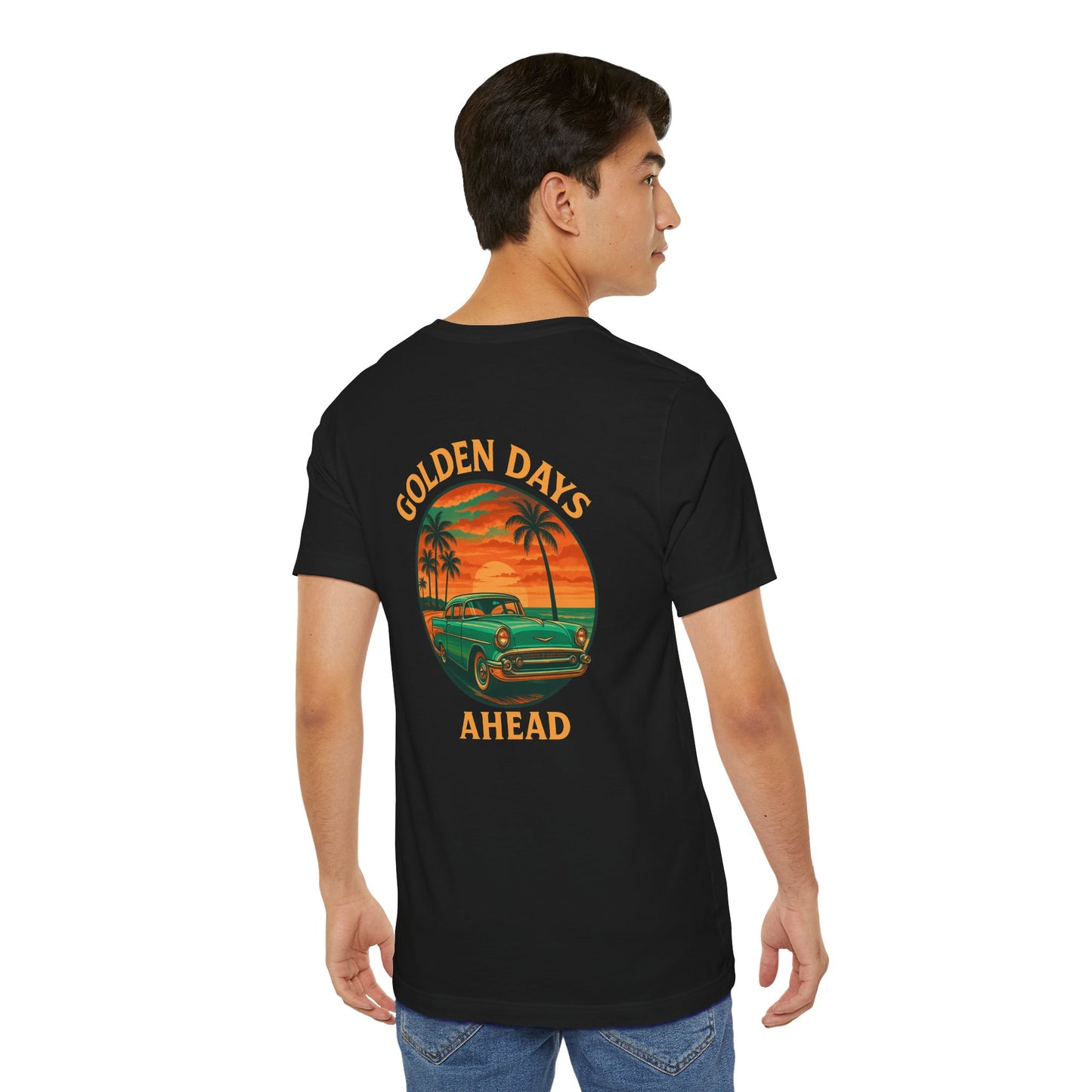 Golden Days Ahead Retro Car T-Shirt, Vintage Classic 50s Tee, Coastal Sunset Palm Trees, Unisex Jersey Shirt, Bella Canvas 3001, Men Women,