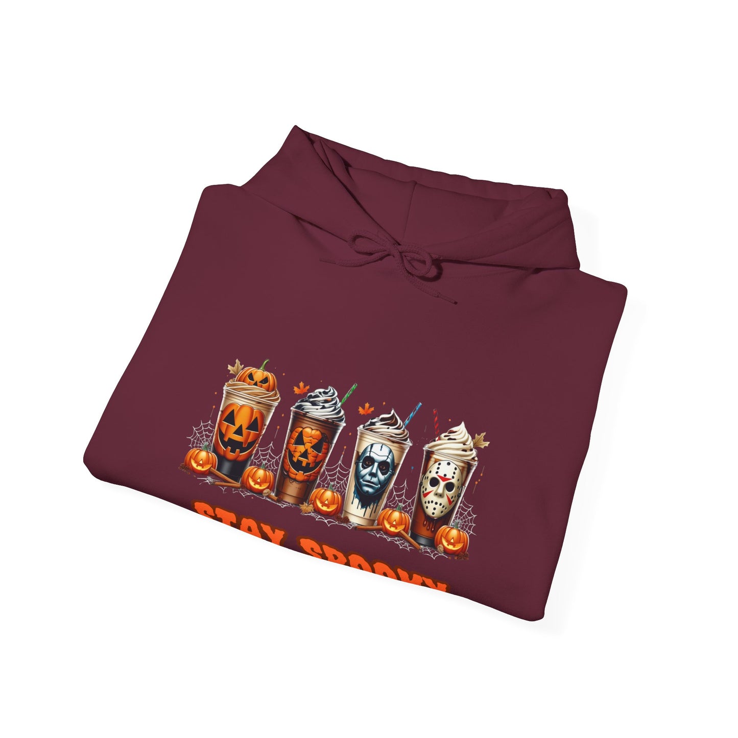 Stay Spooky Halloween Horror Hoodie – Pumpkin Skull Coffee Cup Graphic – Michael Myers Jason Inspired – Gildan 18500 Unisex Pullover