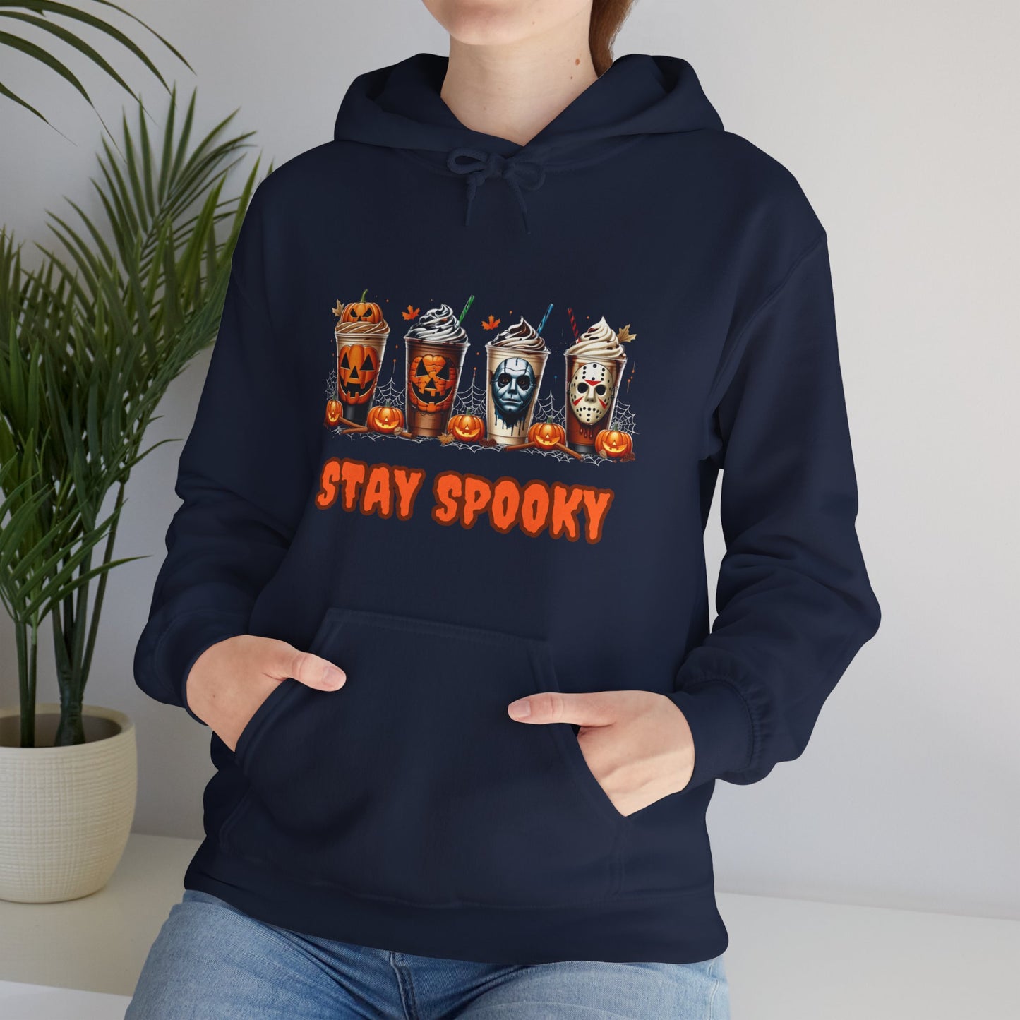 Stay Spooky Halloween Horror Hoodie – Pumpkin Skull Coffee Cup Graphic – Michael Myers Jason Inspired – Gildan 18500 Unisex Pullover