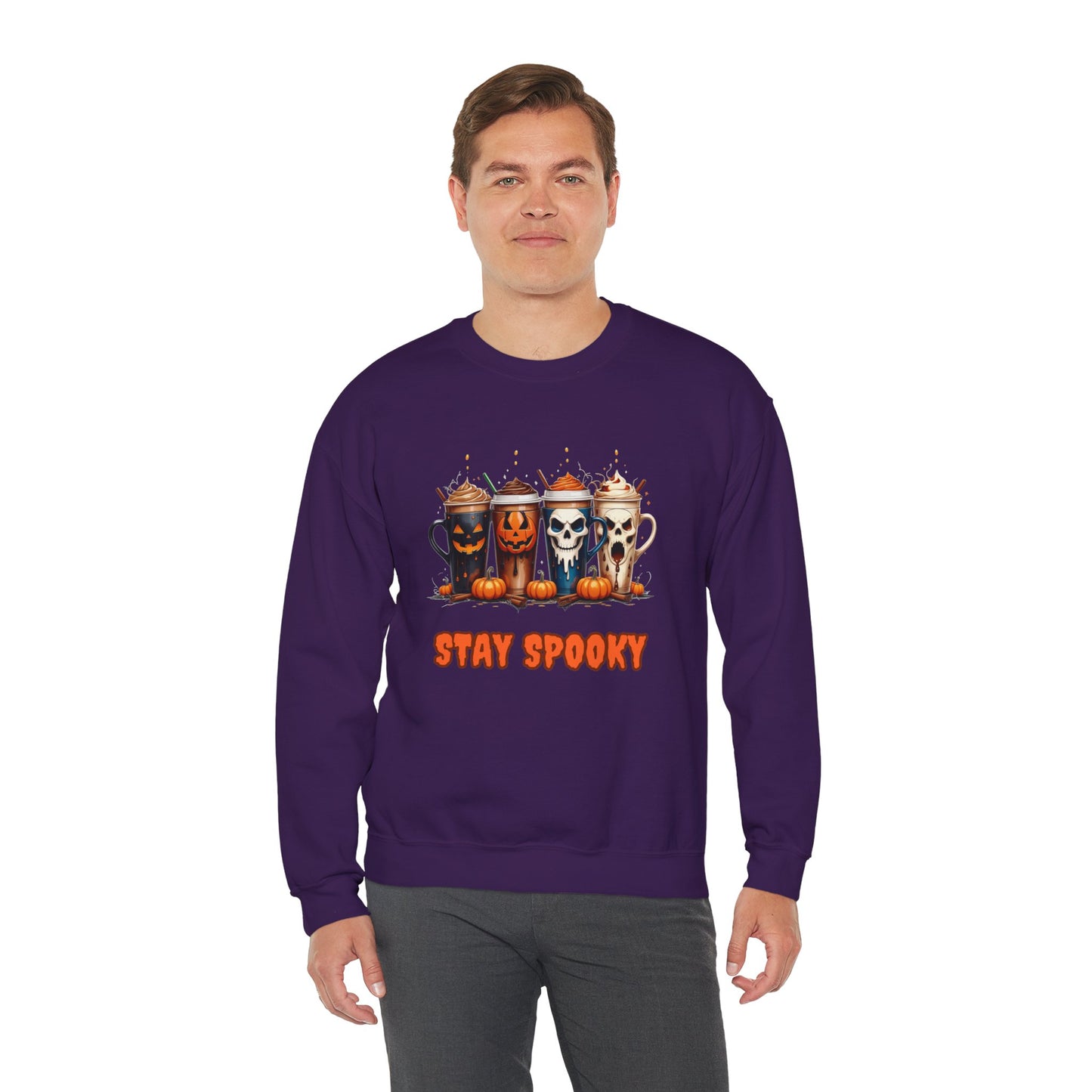 Stay Spooky Halloween Coffee Cups Sweatshirt – Unisex Gildan Heavy Blend Crewneck Pullover