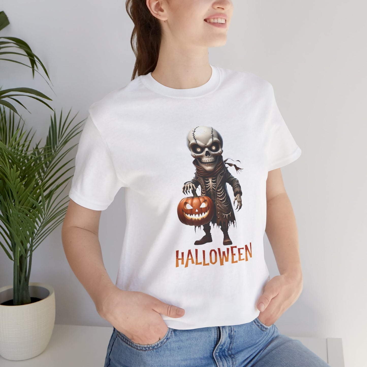 Halloween Skeleton Shirt – Spooky Pumpkin Graphic Tee – Bella Canvas 3001 – Unisex Gothic Horror Costume T-Shirt