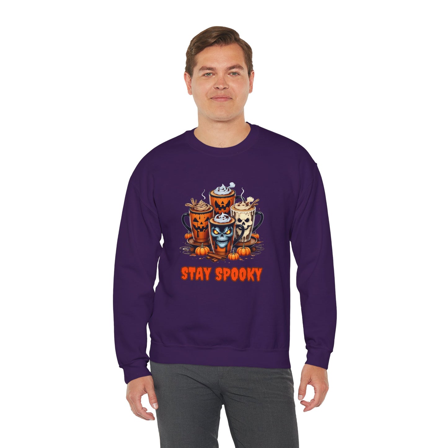 "Stay Spooky Halloween Coffee Cup Sweatshirt – Cozy Gildan Crewneck for Fall & Pumpkin Lovers"