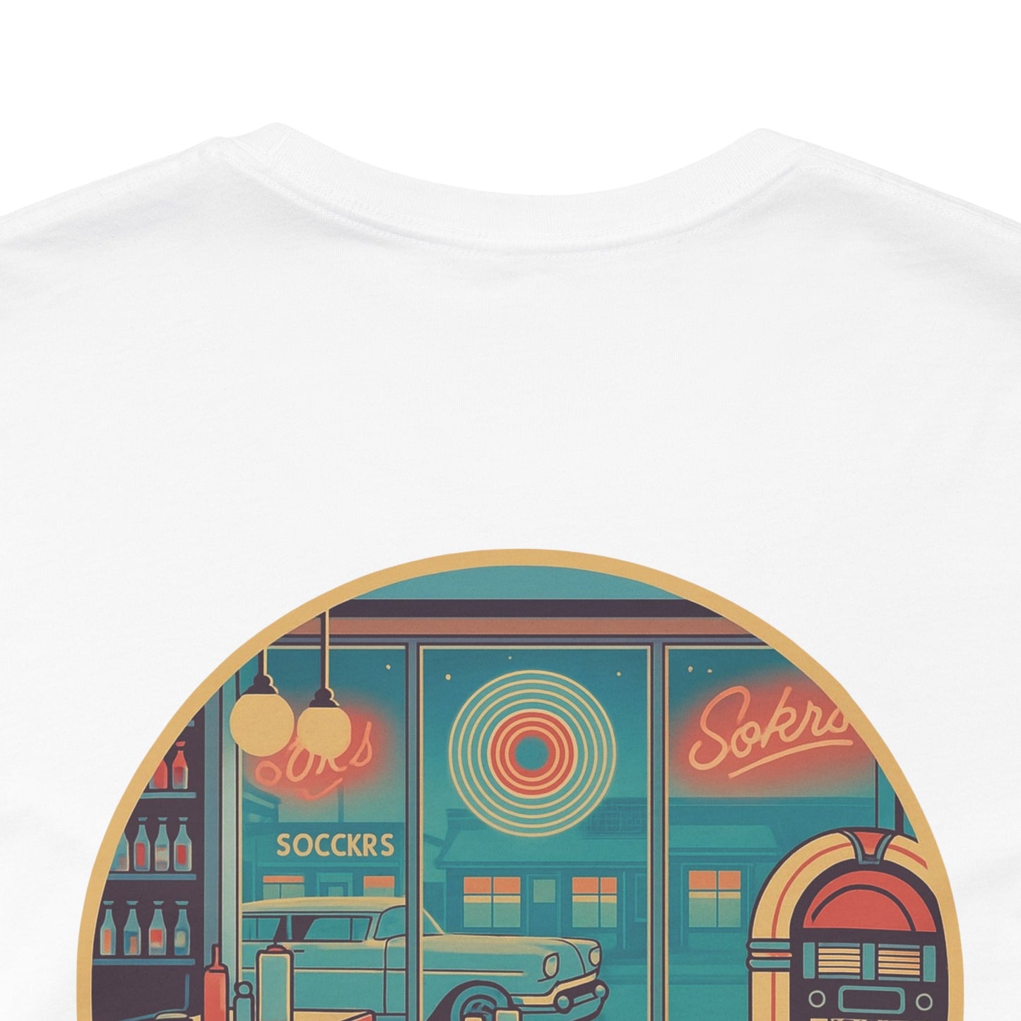 Echoes of the Past Retro Diner T-Shirt – Bella Canvas 3001 Unisex Vintage 80s Jukebox Neon Graphic Tee