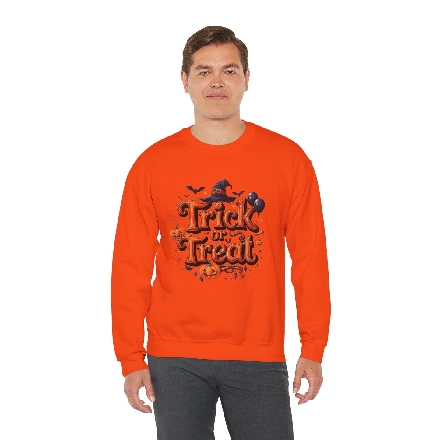 Halloween “Trick or Treat” Graphic Sweatshirt – Cozy Cotton Blend, Spooky Pumpkin & Witch Hat Design