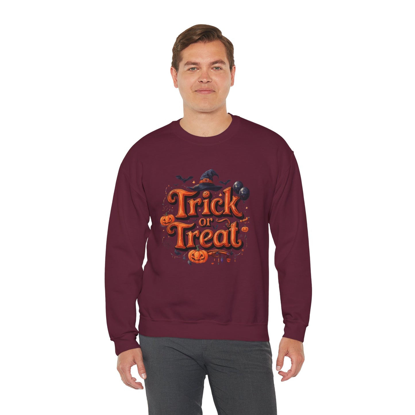 Halloween “Trick or Treat” Graphic Sweatshirt – Cozy Cotton Blend, Spooky Pumpkin & Witch Hat Design