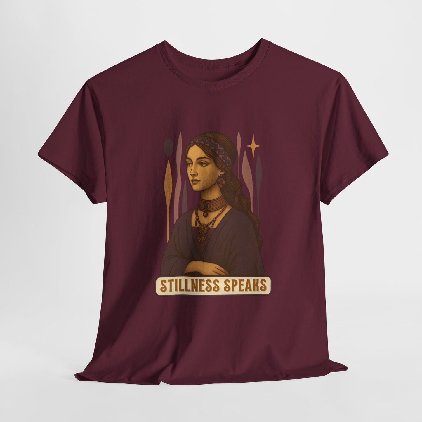 Vintage Mystic Woman Stillness Speaks T-Shirt, Retro Boho Aesthetic Top, Spiritual Graphic Tee, Mindfulness Yoga Gift, Unisex Heavy Cotton