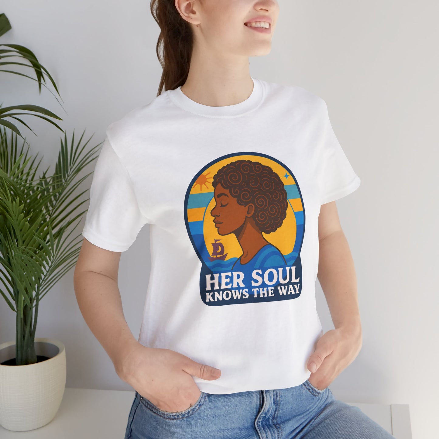 Retro Afro Woman Graphic Tee,Unisex Jersey Short Sleeve Tee, Inspirational Quote Top, Her Soul Knows The Way Shirt