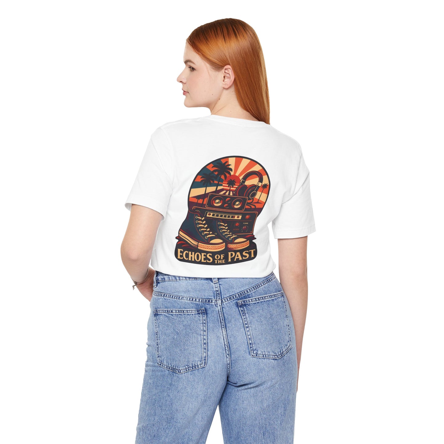 Echoes of the Past Retro Sunset T-Shirt – Bella Canvas 3001 Unisex Vintage 80s Palm Tree Music Graphic Tee