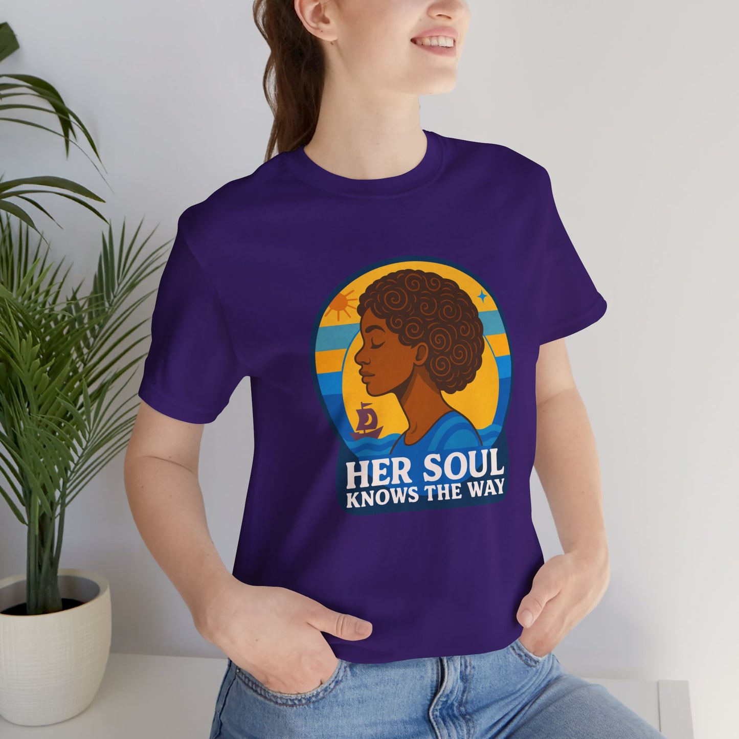 Retro Afro Woman Graphic Tee,Unisex Jersey Short Sleeve Tee, Inspirational Quote Top, Her Soul Knows The Way Shirt